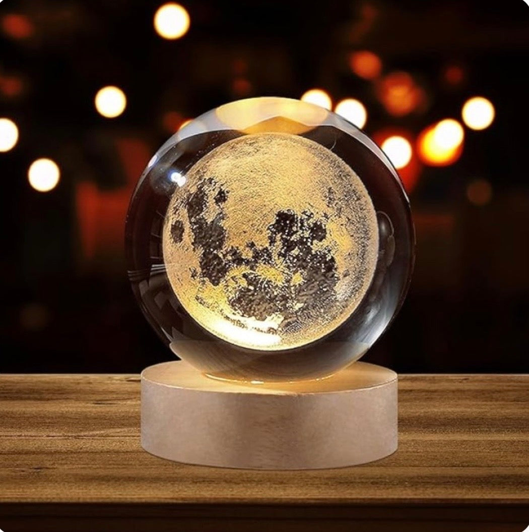 3D Galaxy Crystal Ball Lamp with Wooden LED Base - Moon Shape