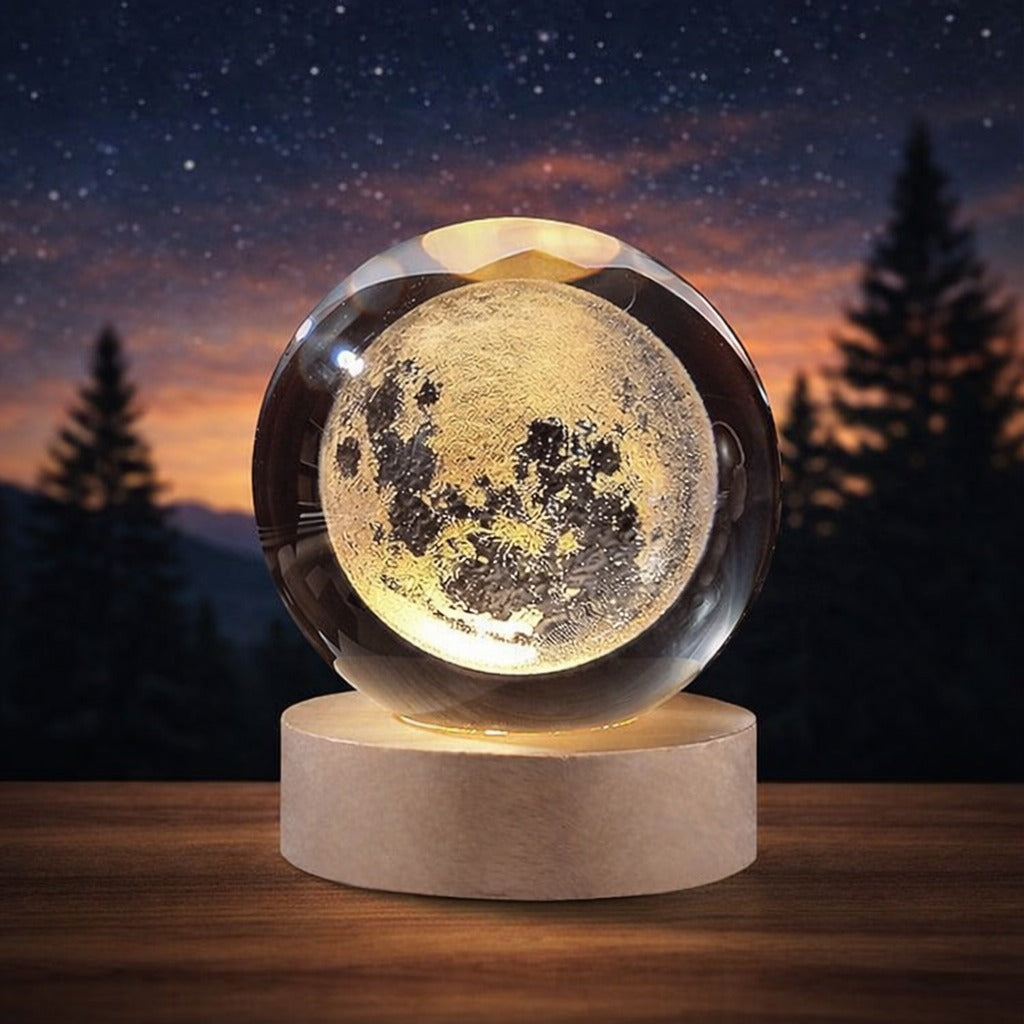 3D Galaxy Crystal Ball Lamp with Wooden LED Base - Moon Shape