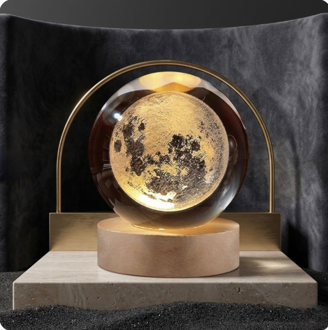3D Galaxy Crystal Ball Lamp with Wooden LED Base - Moon Shape