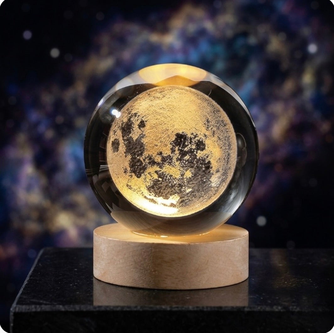 3D Galaxy Crystal Ball Lamp with Wooden LED Base - Moon Shape